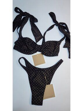 SAME Los Angeles Black Polka Dot Bikini Set XS Underwire Tie Top High Cut Bottom